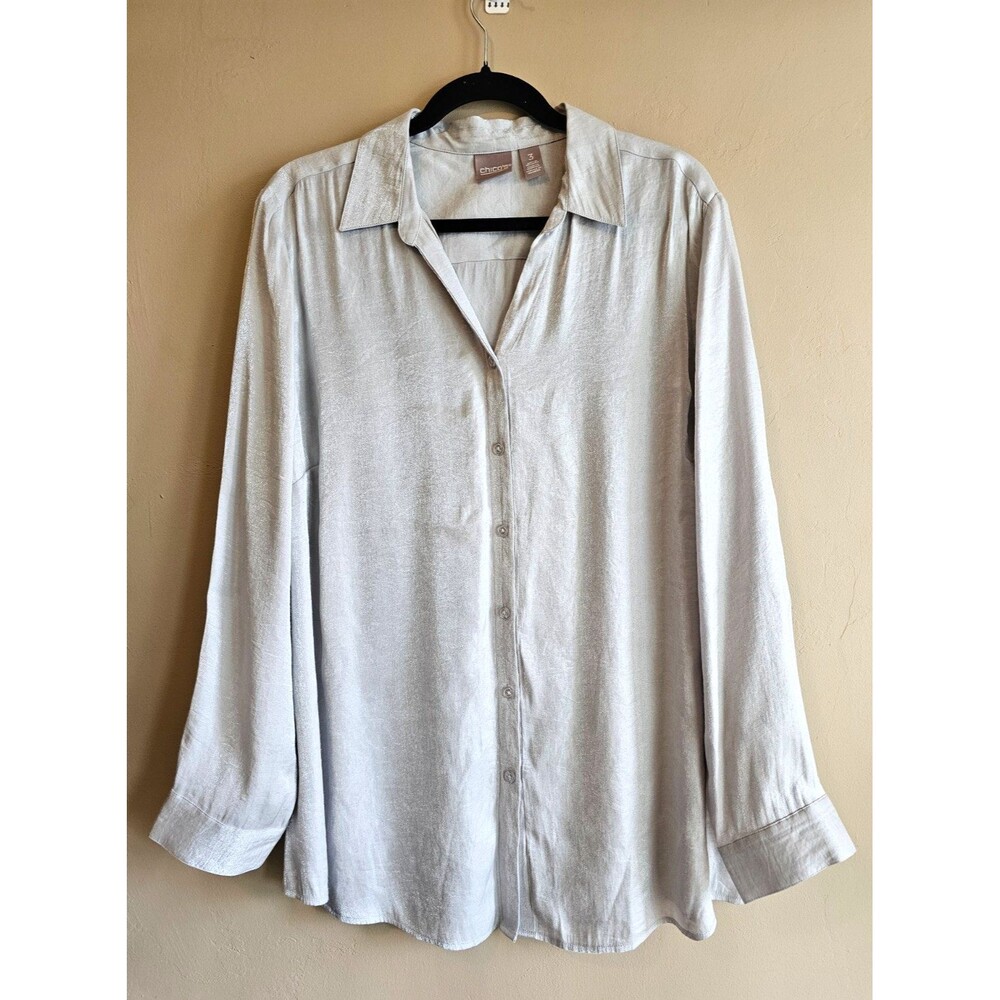 Chicos size 3-XL button down blouse top gray shimmer tab sleeve career